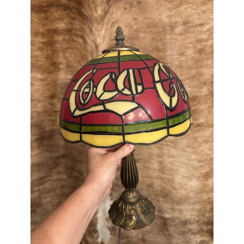Coca-Cola Tiffany Style Stained Table Lamp – Plastic Shade, Metal Base – Vintage